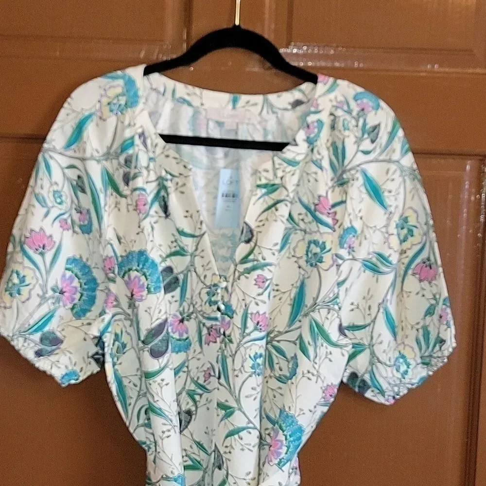Loft-Linen iv, teal pink, print dress. Short sleeves. XLP. NWT.